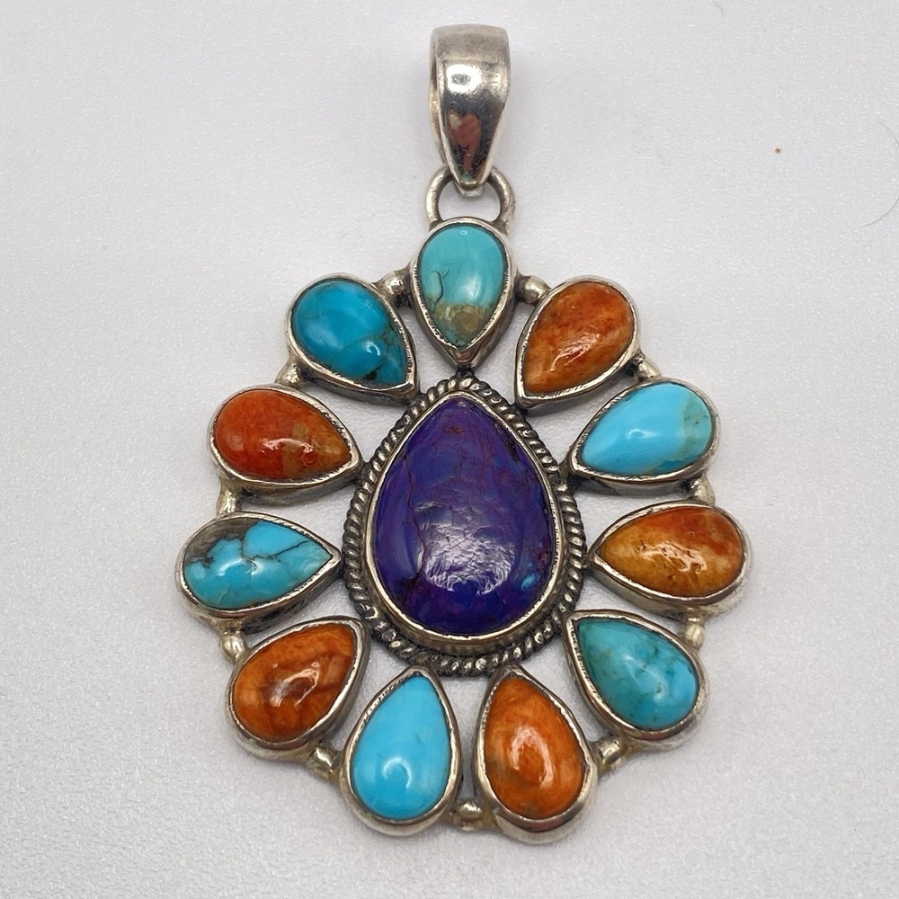 925 Sterling Silver Pendant Multi Gemstone 11 Stone Large Statement Vintage